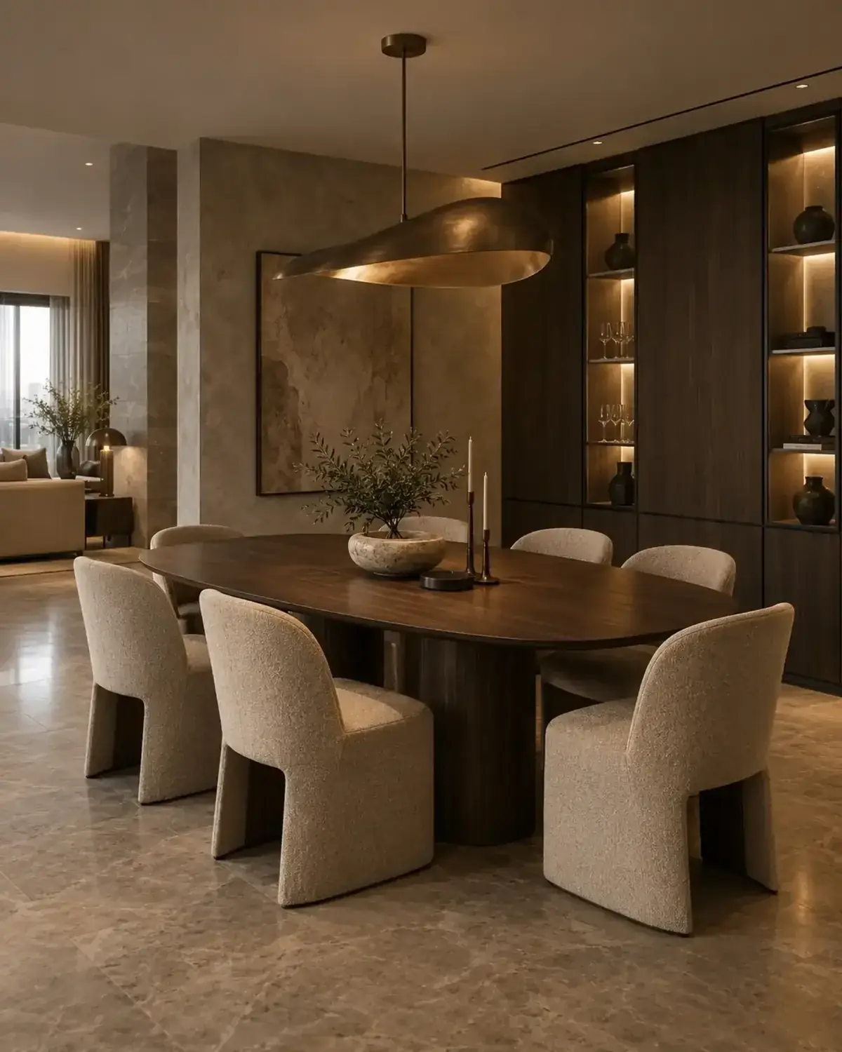 Salle à manger contemporaine à Roubaix avec table en bois et suspension dorée