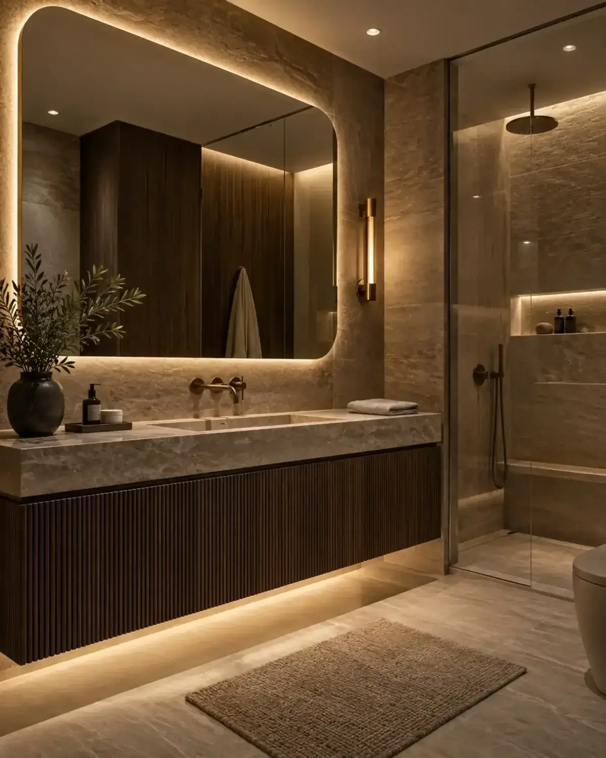 Salle de bains contemporaine à Roubaix avec pierre, miroir arrondi et éclairage indirect